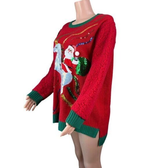 99 Jane Street Womens Red Santa Holiday Sequin Unicorn Hi-Low Sweater Top SZ 1X - Picture 7 of 15